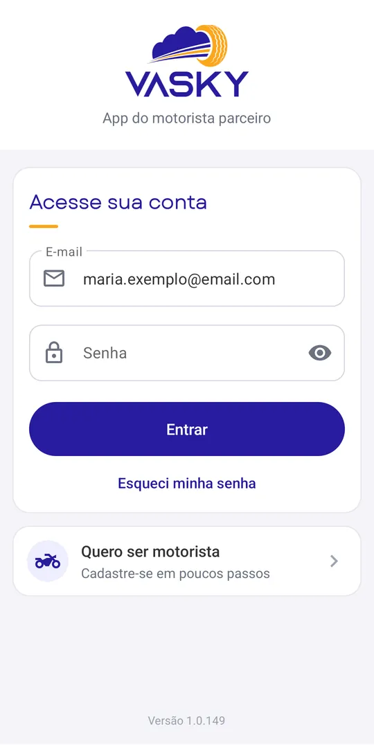 Tela de entrada do app com a opção Quero ser motorista