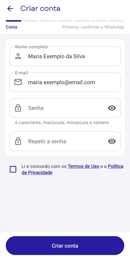 Tela Criar conta com nome, e-mail e senha