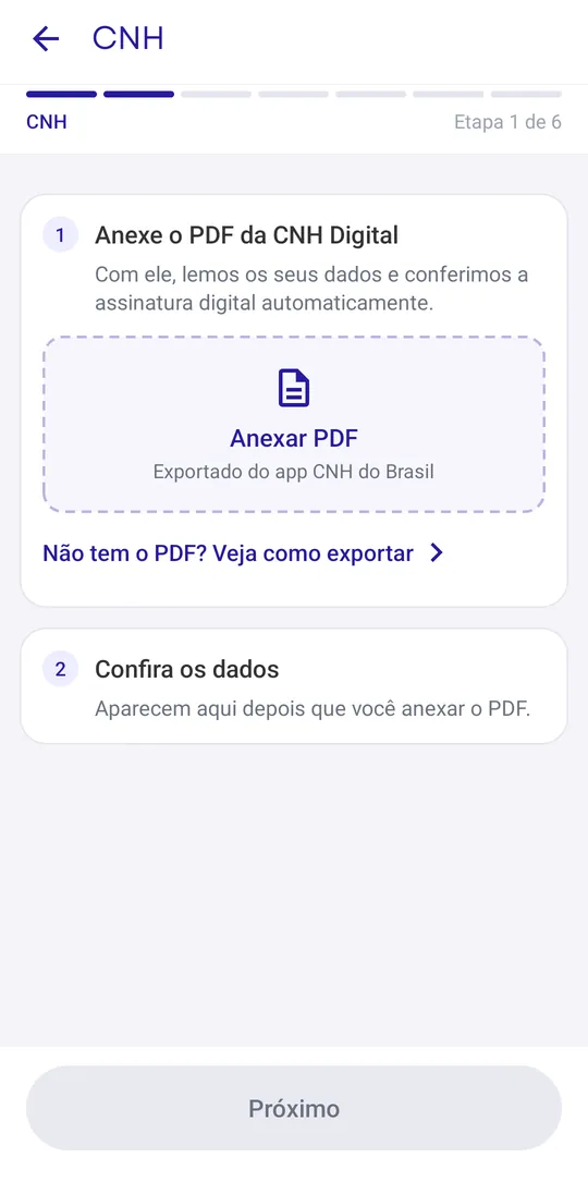 Etapa CNH com o botão Anexar PDF