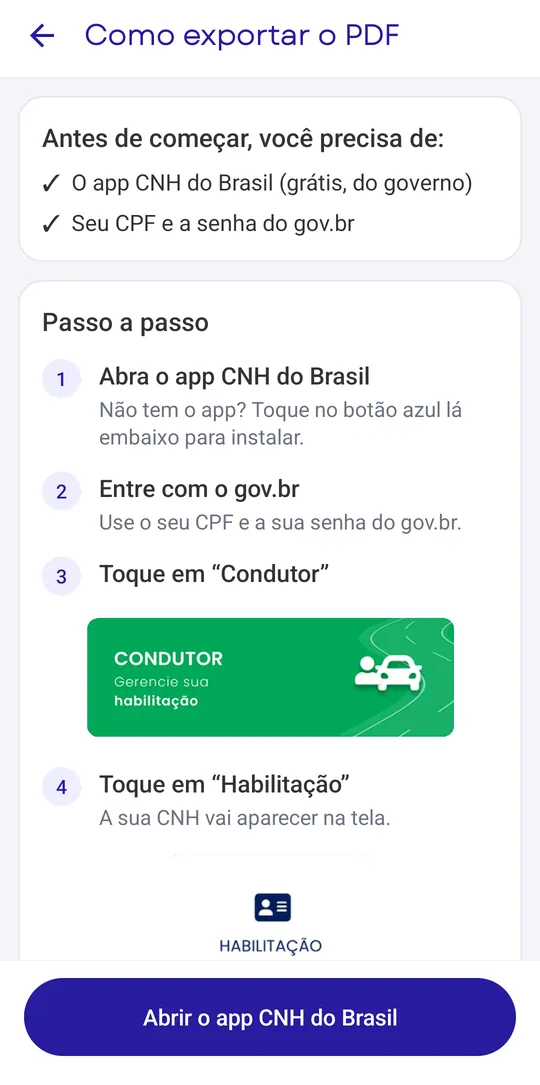 Tela Como exportar o PDF da CNH