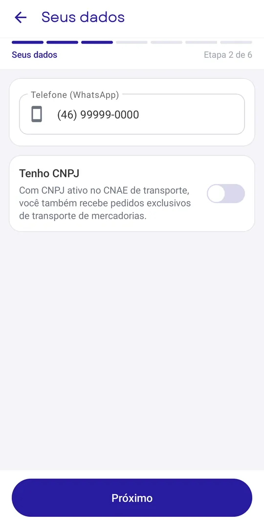 Etapa Seus dados com o telefone e a opção Tenho CNPJ