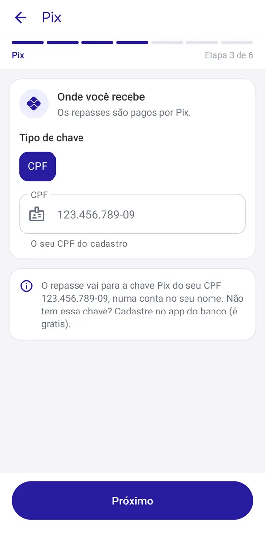 Etapa Pix com a chave CPF
