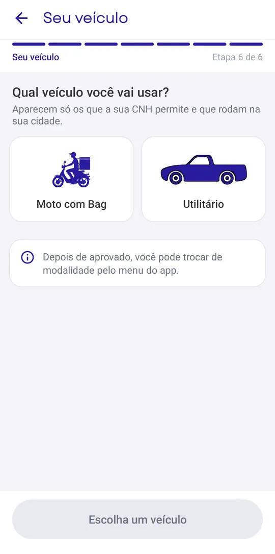 Etapa Seu veículo com as modalidades