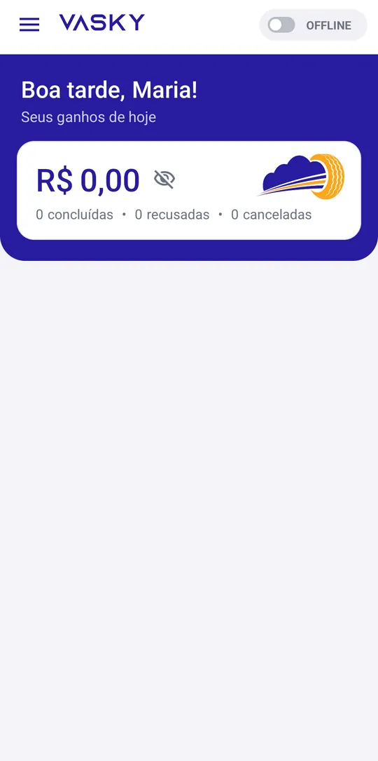 Tela inicial do app com o botão OFFLINE no topo