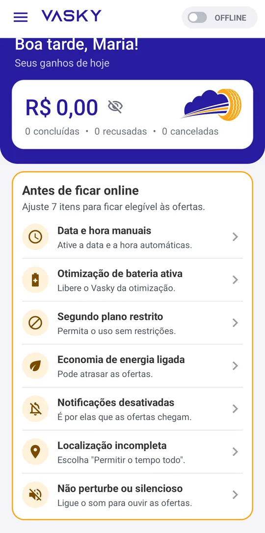 Quadro Antes de ficar online com a lista de pendências