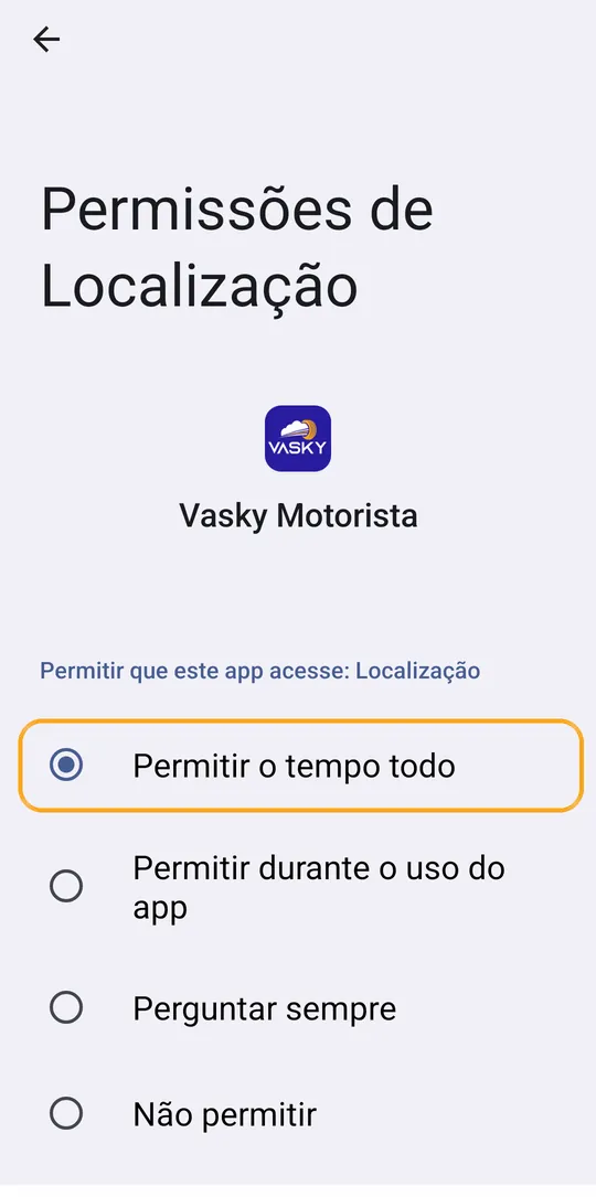 Tela do Android com Permitir o tempo todo marcado