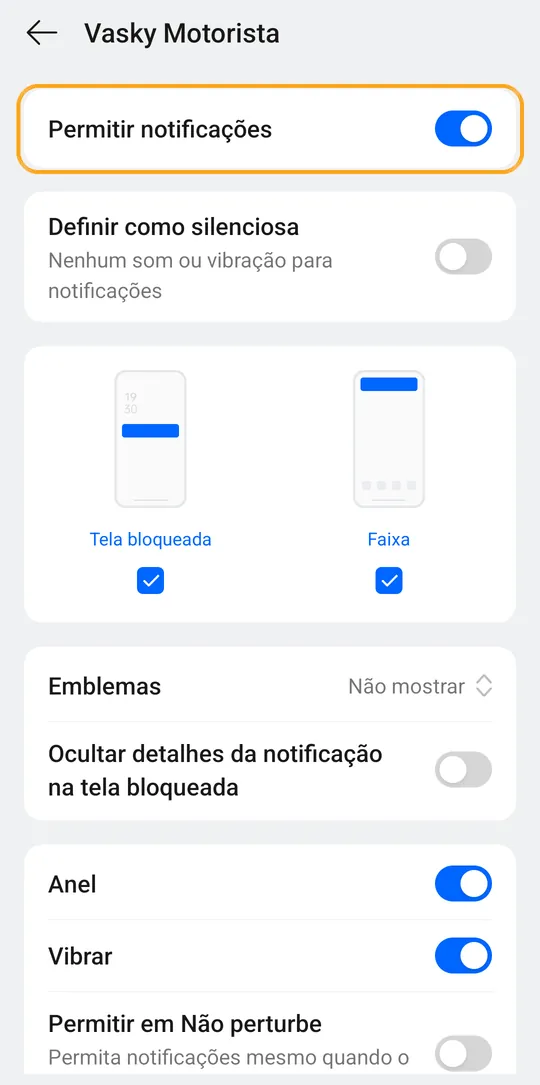 Tela de notificações do app no Android com Permitir notificações ligado