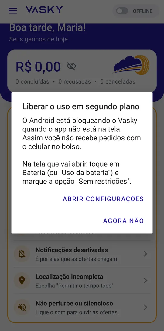 Aviso Liberar o uso em segundo plano