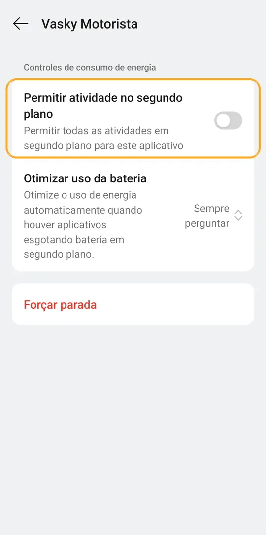 Tela de bateria do Android com Permitir atividade no segundo plano destacado