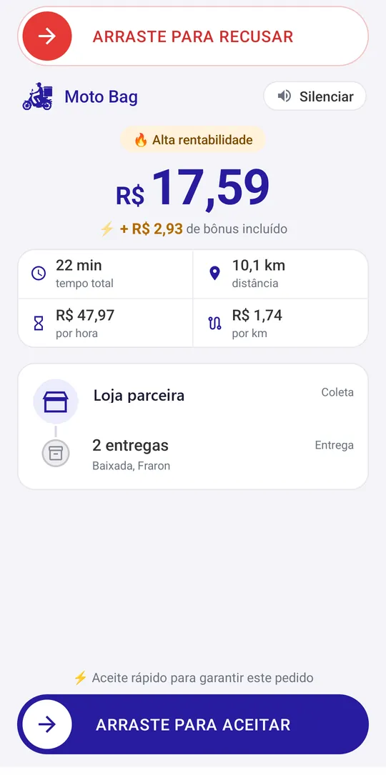 Tela da oferta com valor, tempo, distância, loja e entregas