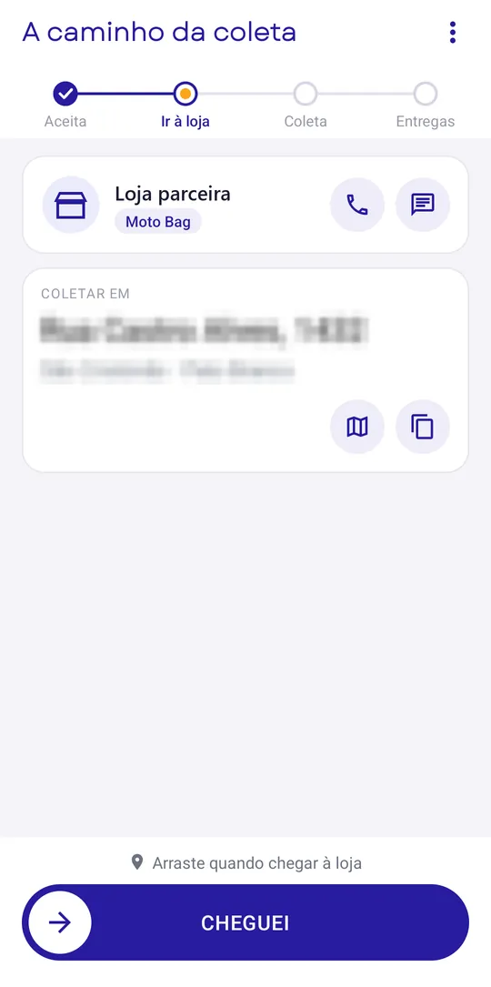 Tela A caminho da coleta com o endereço da loja