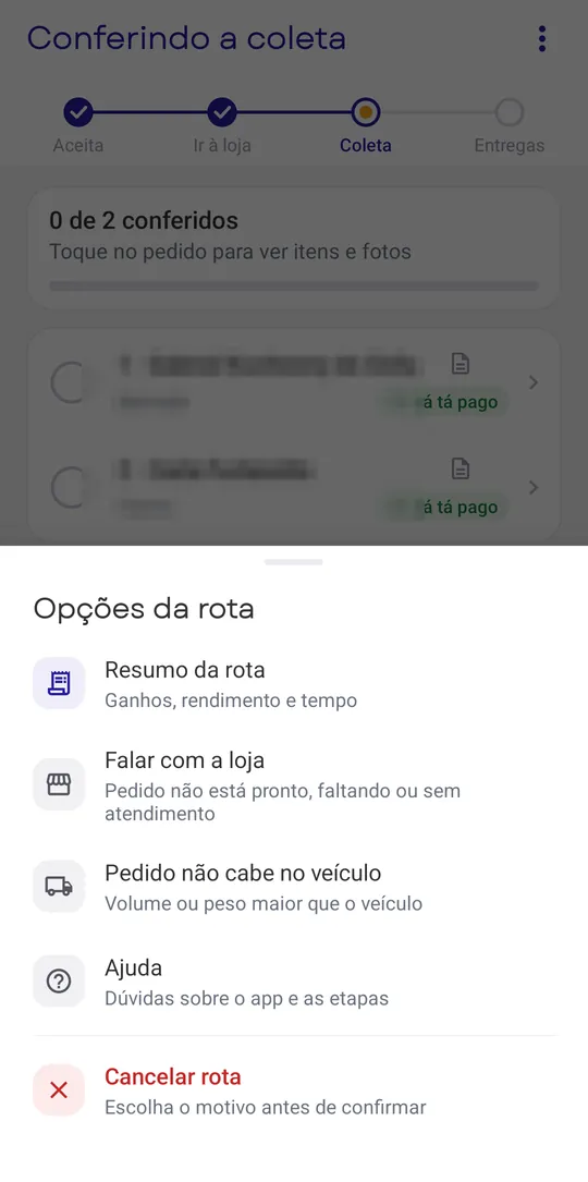 Opções da rota na coleta