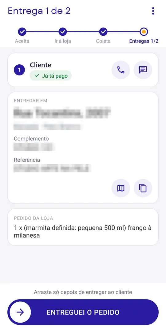 Tela da entrega com o endereço do cliente