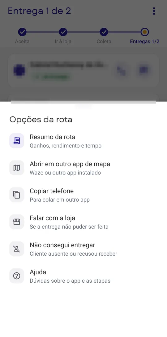 Opções da rota na entrega, com Não consegui entregar