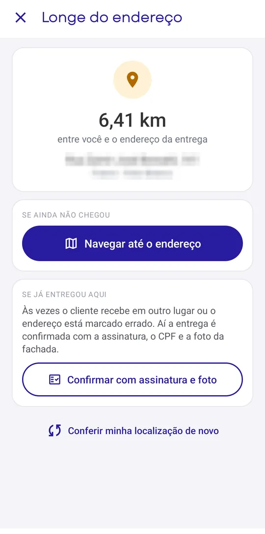 Tela Longe do endereço com a distância e as opções