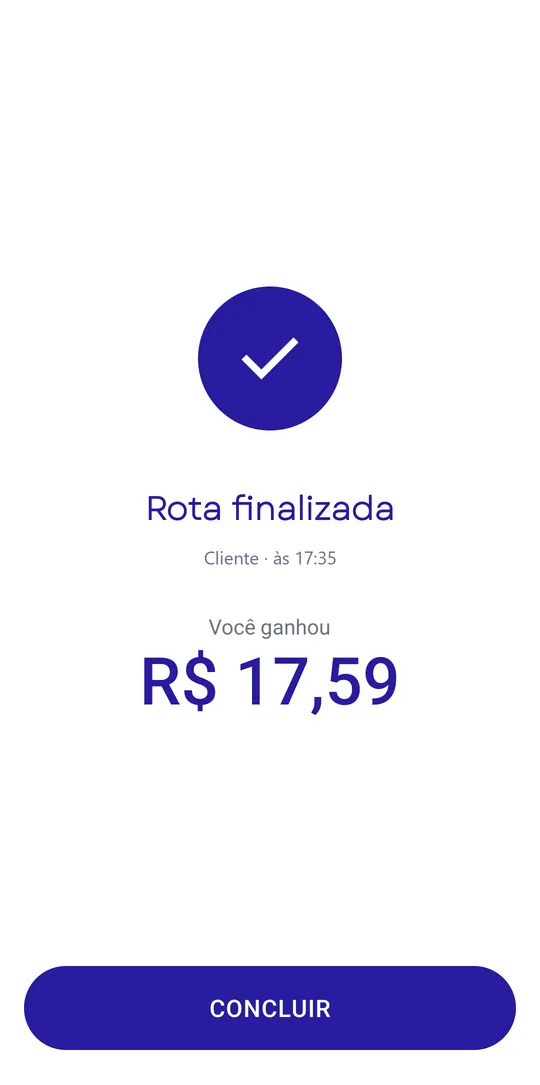 Rota finalizada com o valor ganho