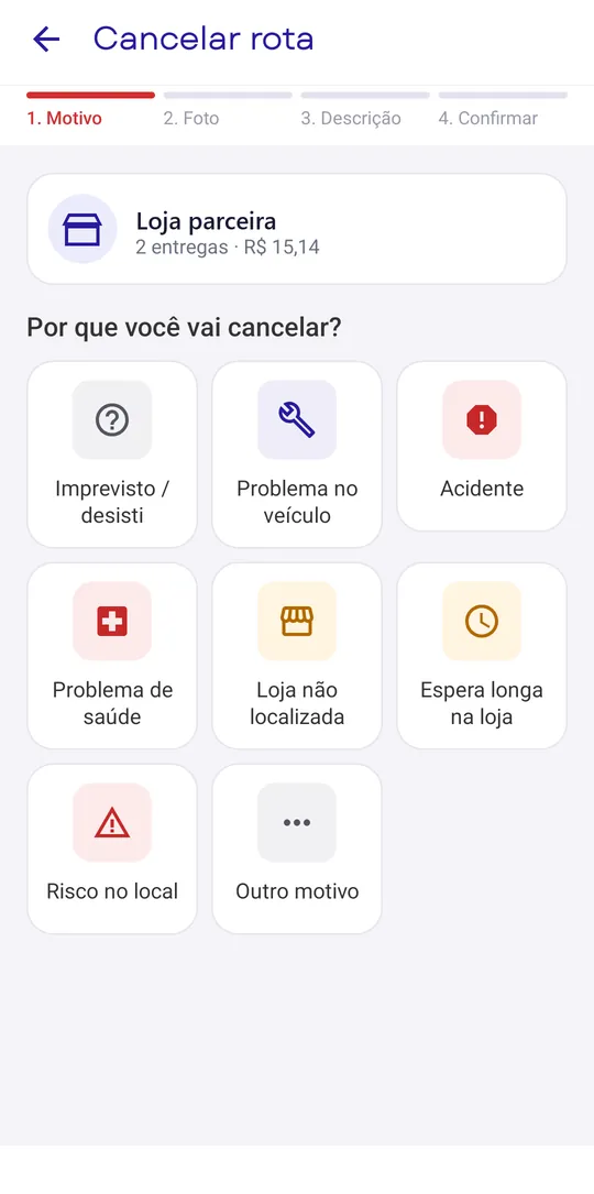 Cancelar rota: escolha do motivo