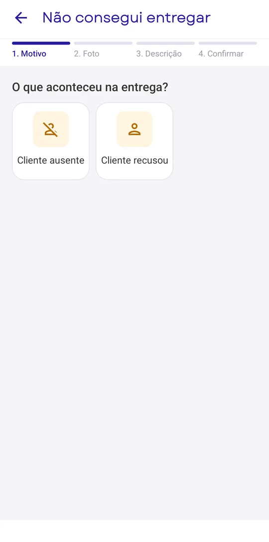 Escolha do motivo: cliente ausente ou cliente recusou