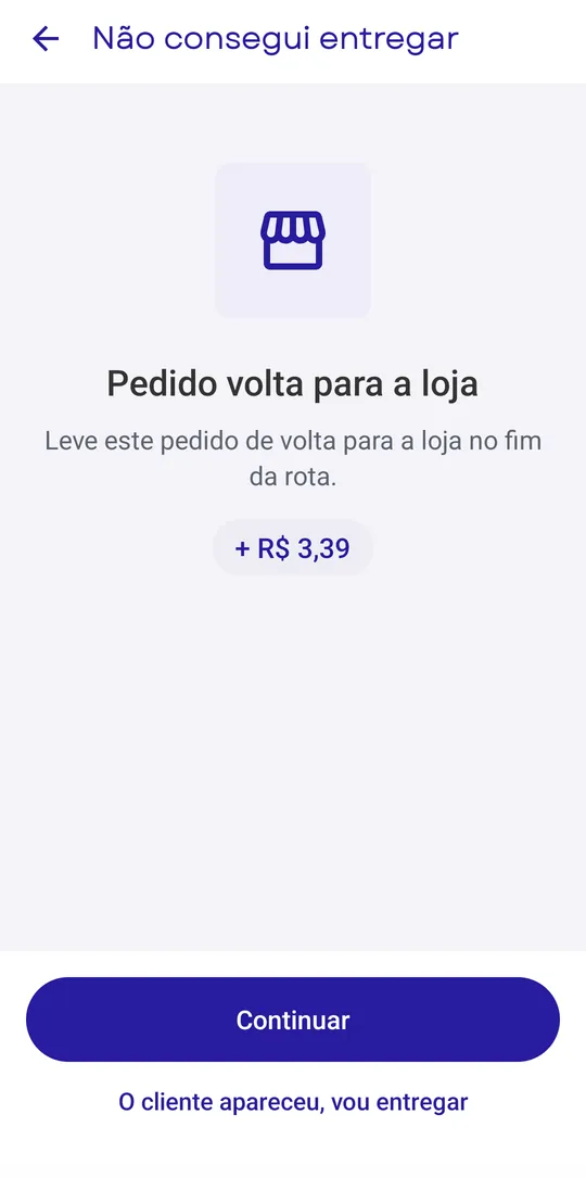 Decisão da loja: pedido volta para a loja, com o valor da volta