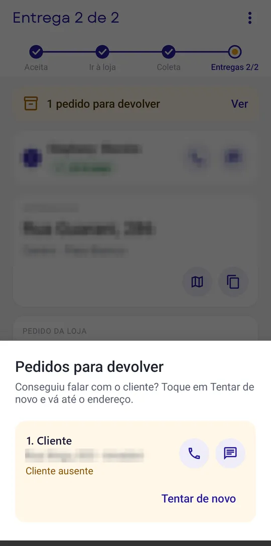 Lista de pedidos para devolver com Tentar de novo