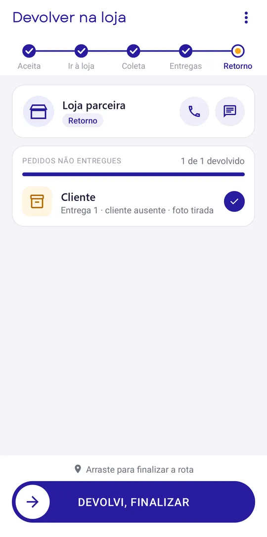 Pedido devolvido marcado, pronto para finalizar