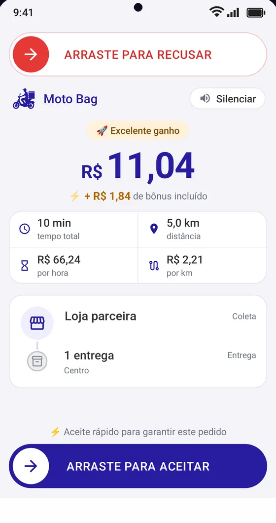 Tela de oferta do app Vasky Motorista com o valor da entrega, a distância e o tempo